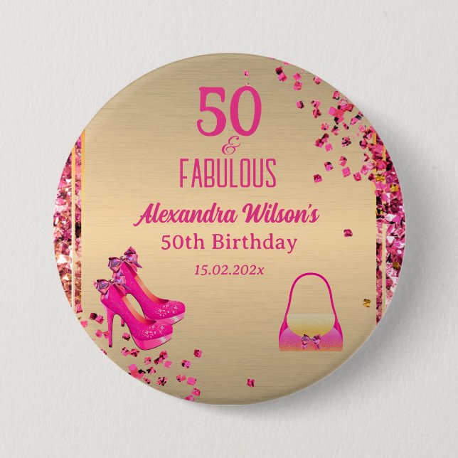 Cute 50& Fabulous High Heels Gold Hot Pink Glitter 7.5 Cm Round Badge (Front)