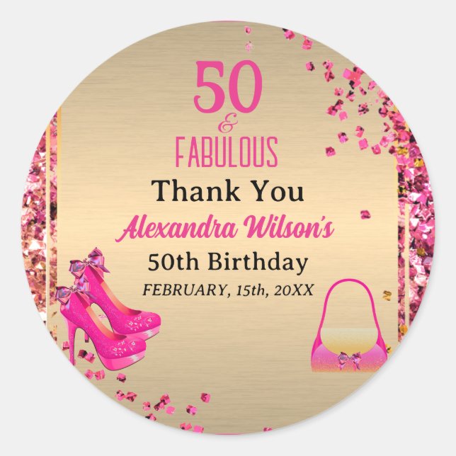 Cute 50& Fabulous High Heels Gold Hot Pink Glitter Classic Round Sticker (Front)