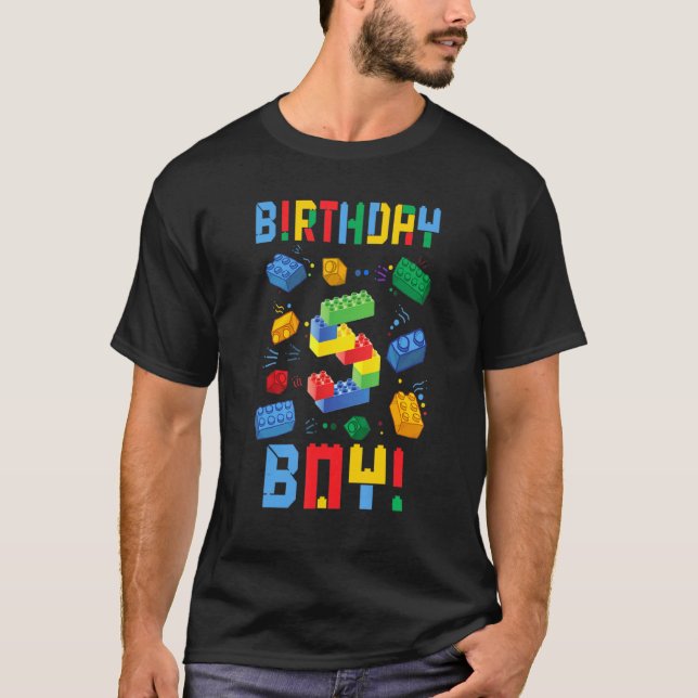 Cute 5th Birthday 5 Years Old Block Building Boys  T-Shirt (Front)