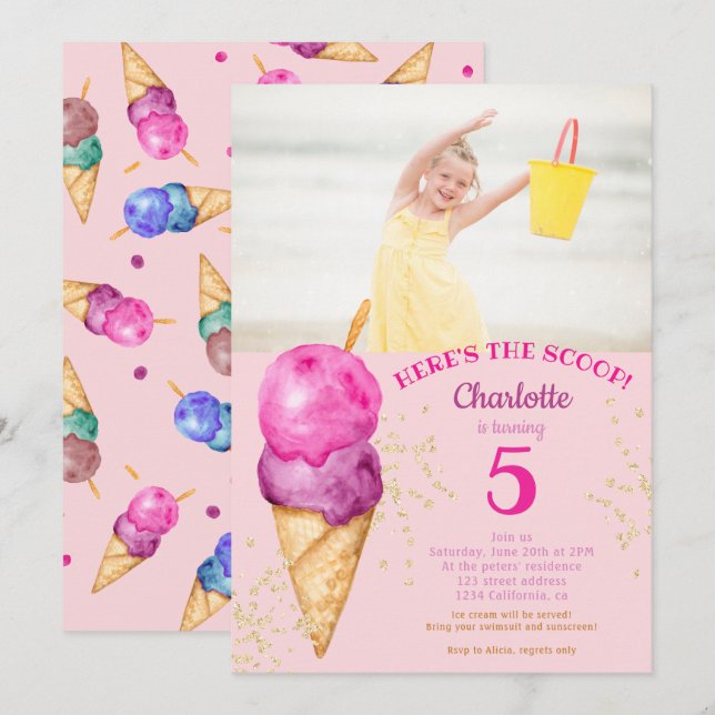 Cute 5th birthday here's the scoop ice cream photo invitation (Front/Back)