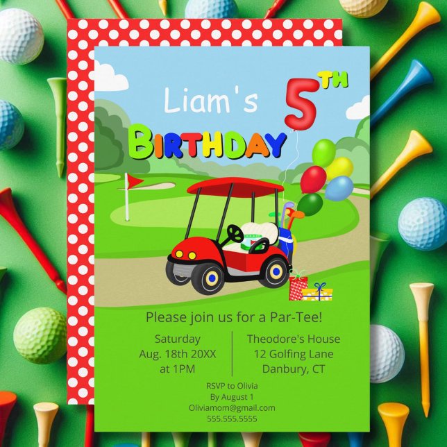 Cute 5th Birthday Red Golf Cart Boy's Invitation (Creator Uploaded)
