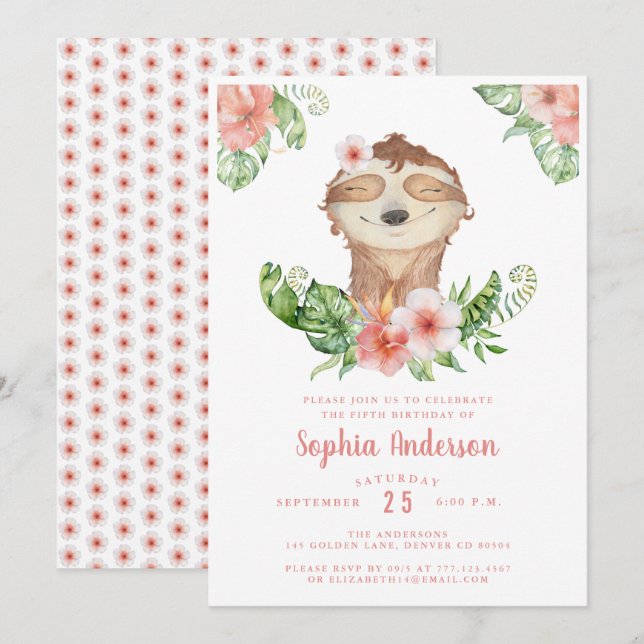 Cute 5th birthday sloth girl invitation (Front/Back)