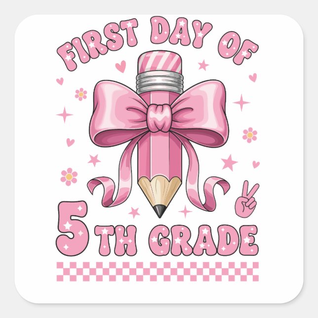 Cute 5th Grade Girl Pink Bow Groovy Pencil Design Square Sticker (Front)