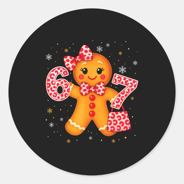Cute 6 7 Christmas Leopard Bow Gingerbread Girls W Classic Round Sticker (Front)