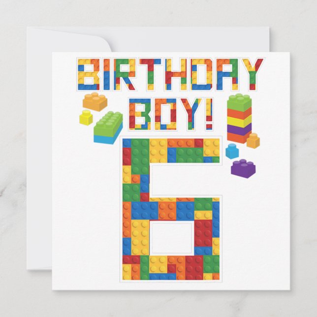 Cute 6th Birthday Gift 6 Years Old Block Building  Announcement (Front)