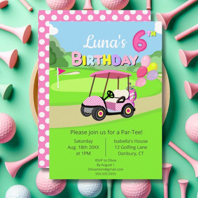 Cute 6th Birthday Polka Dot Pink Girly Golf  Invitation (Creator Uploaded)