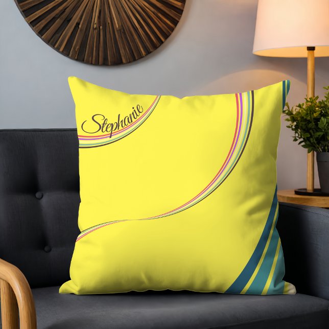 Cute 70s Retro Chic Stripes Personalised Yellow Cushion (Creator Uploaded)