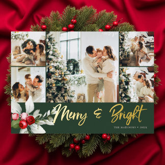 Cute 7 Photo Collage Handwritten Merry And Bright Foil Holiday Card