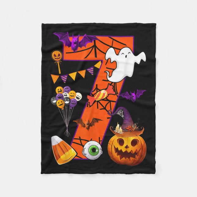 Cute 7 Years Old 7th Birthday Ghost Happy Hallowee Fleece Blanket (Front)