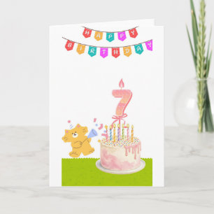 Cute 7th Birthday Cake Card - Colorful Banner Cat