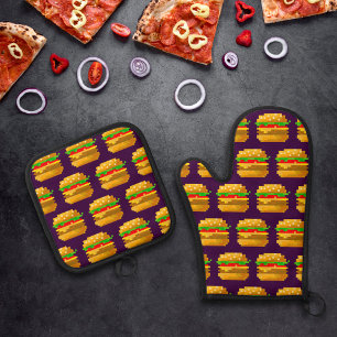 Cute 8-bit Burger Colourful Fast Food Fun Pixel Ar Oven Mitt & Pot Holder Set