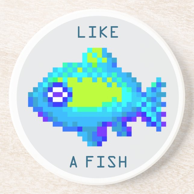 Cute 8 bit pixel art blue and green fish coaster (Front)