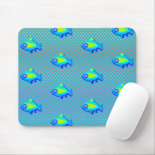 Cute 8 Bit Pixel Art Blue Green Fishes Geeky Gamer Mouse Mat