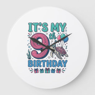 Cute 9th Birthday Turtle Vintage Kids Shirt Design Large Clock