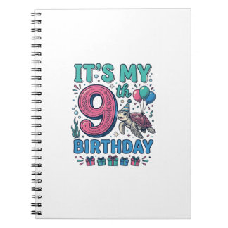 Cute 9th Birthday Turtle Vintage Kids Shirt Design Notebook