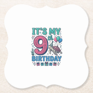 Cute 9th Birthday Turtle Vintage Kids Shirt Design Paper Coaster