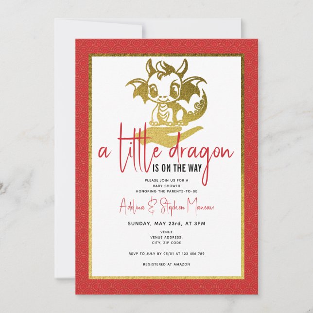 Cute A Little Dragon Is On The Way Red Baby Shower Invitation (Front)