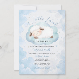 Cute A Little Lamb Baby Shower Blue Cloud Theme Invitation