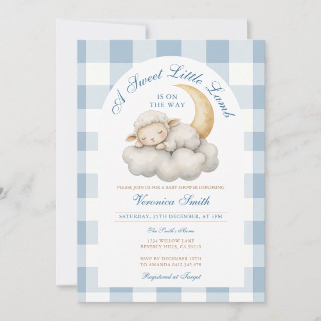 Cute A little lamb baby shower Boho Blue gingham Invitation (Front)