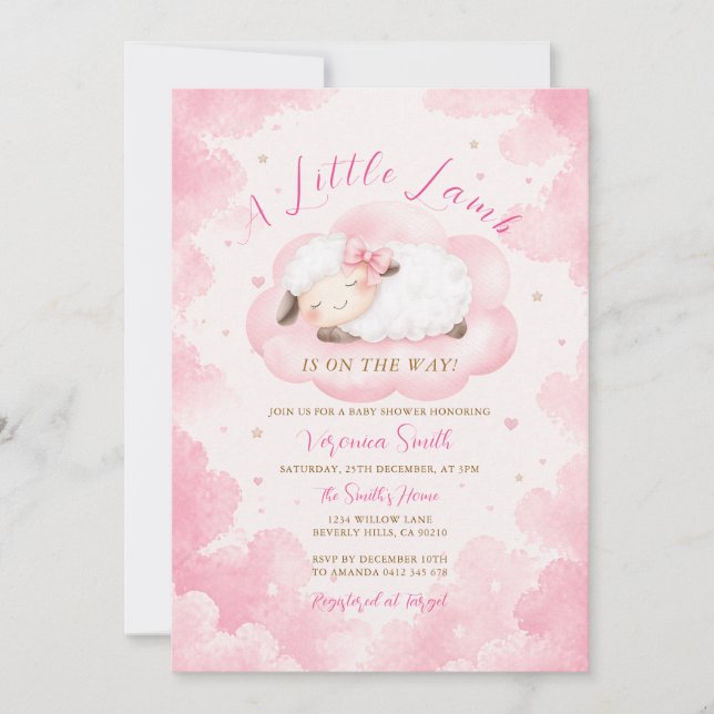 Cute A Little Lamb Baby Shower Pink Cloud Theme Invitation (Front)