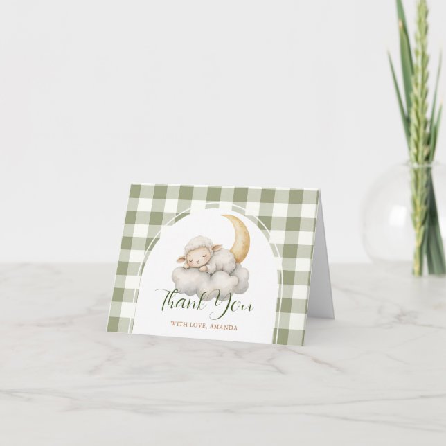 Cute A little lamb baby shower Sage Green Gingham Thank You Card (Front)