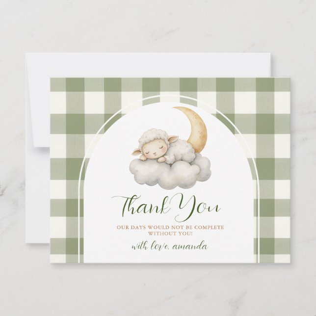 Cute A little lamb baby shower Sage Green Gingham Thank You Card (Front)