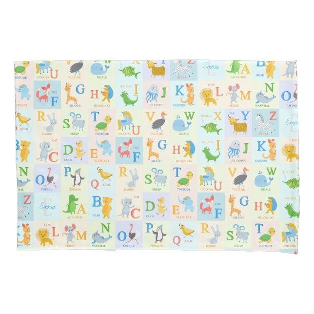 Cute ABC Animal Alphabet Pattern with First Name Pillowcase (Front)