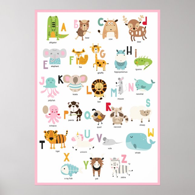 Cute ABCs | Colourful Pink Frame Animal Alphabet Poster (Front)