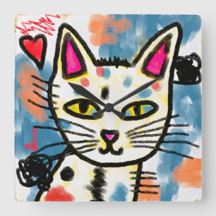 Cute Abstract Art Cat Painting Square Wall Clock