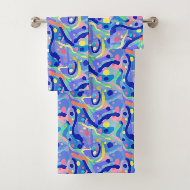 Cute Abstract Blue Pastel Neon Repeating Pattern Bath Towel Set (Insitu)