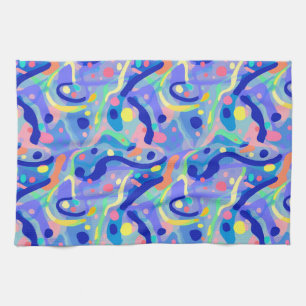 Cute Abstract Blue Pastel Neon Repeating Pattern Tea Towel