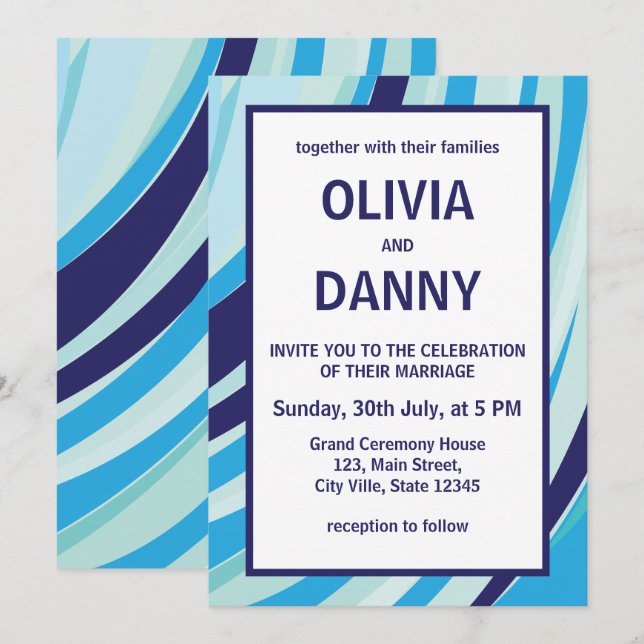 Cute Abstract Blue Stripe Beach Wedding Invitation (Front/Back)