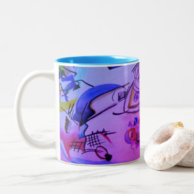 Cute Abstract Bright Blue Pink Red Blue Geometric Two-Tone Coffee Mug (With Donut)
