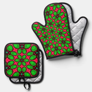 Cute Abstract Flowers Pattern Oven Mitt & Pot Holder Set