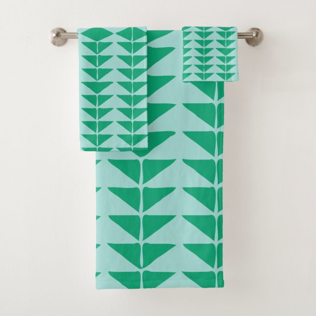 Cute Abstract Geometric Shapes in Green and Blue Bath Towel Set (Insitu)