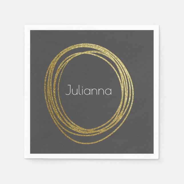 Cute Abstract Gold Glitter Personalised Black Napkin (Front)
