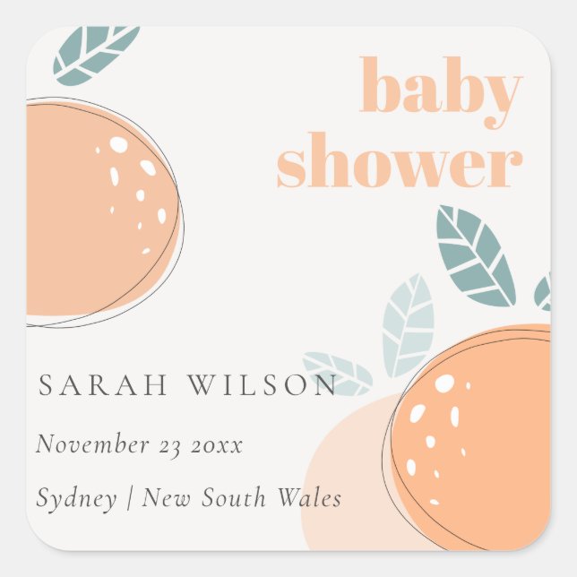 Cute Abstract Orange Fruity Bold Baby Shower Square Sticker (Front)