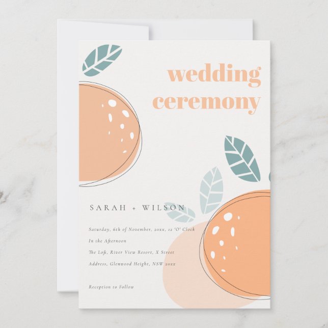 Cute Abstract Orange Leafy Fruity Bold Wedding Invitation (Front)