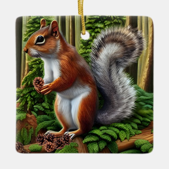Cute Abstract Squirrel With Pinecones Ceramic Ornament (Front)
