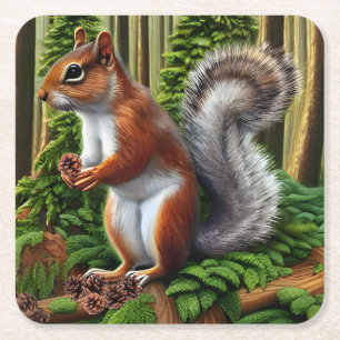 Cute Abstract Squirrel With Pinecones Square Paper Coaster
