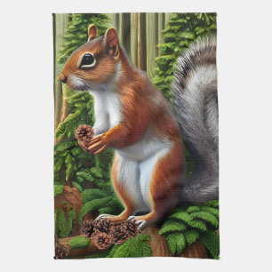 Cute Abstract Squirrel With Pinecones Tea Towel