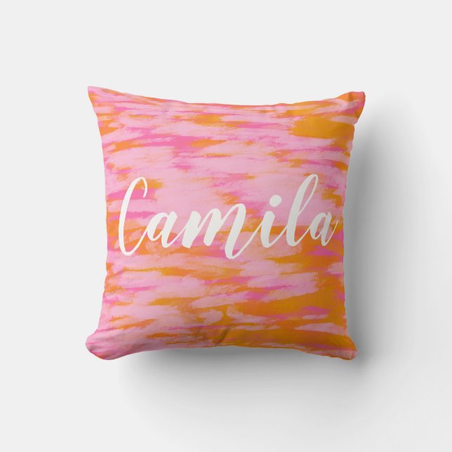 Cute Abstract Watercolor Pink Orange Personalised Cushion (Front)