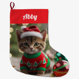 Cute Abyssinian Cat Christmas Personalized Large Christmas Stocking
