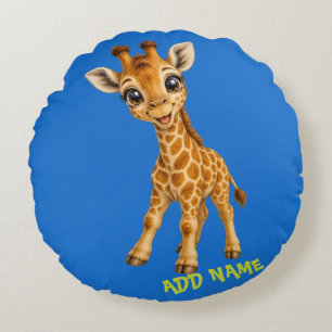 Cute Active Baby Animal Collection Giraffe Blue Round Cushion