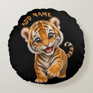 Cute Active Baby Animal Collection Tiger Black Round Cushion