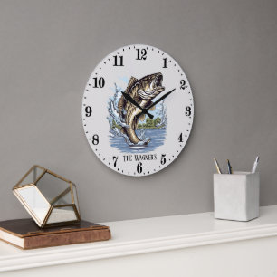 Cute add name fishing cabin fish large clock