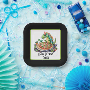 Cute add name pizza dinosaur party paper plate