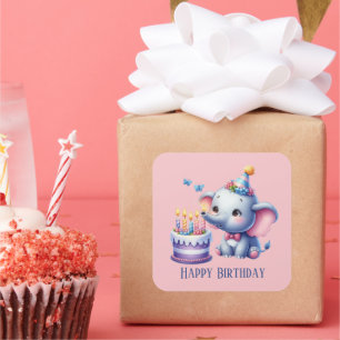 Cute add text Happy Birthday girl elephant Square Sticker