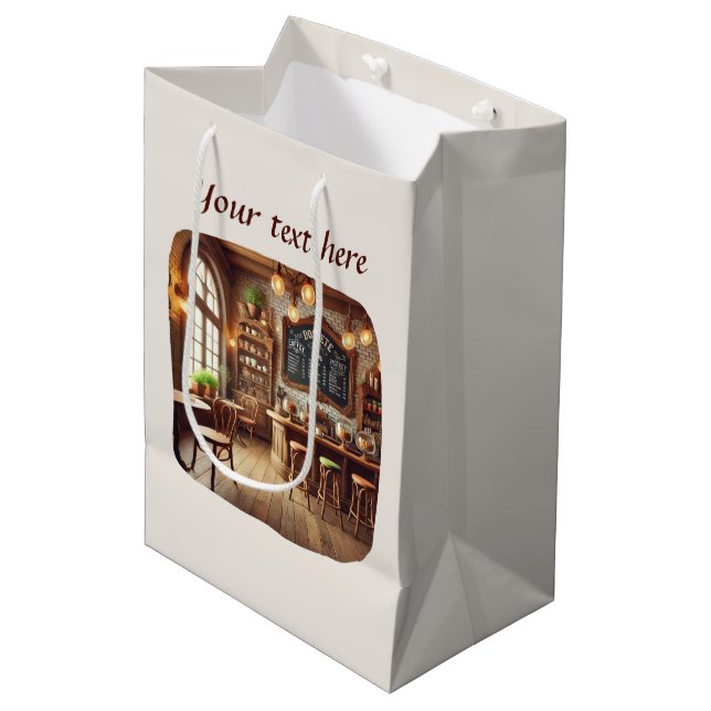 Cute add your text coffee shop  medium gift bag (Front Angled)