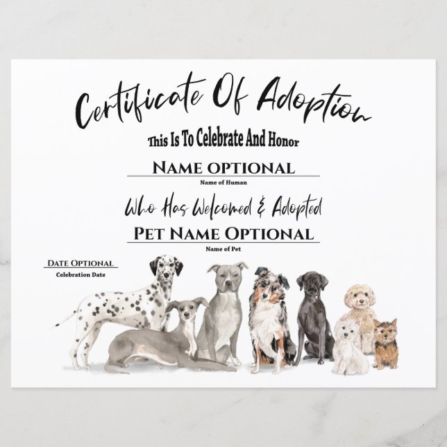 Cute Adoption Pet Puppy Dog Certificate  (Front)